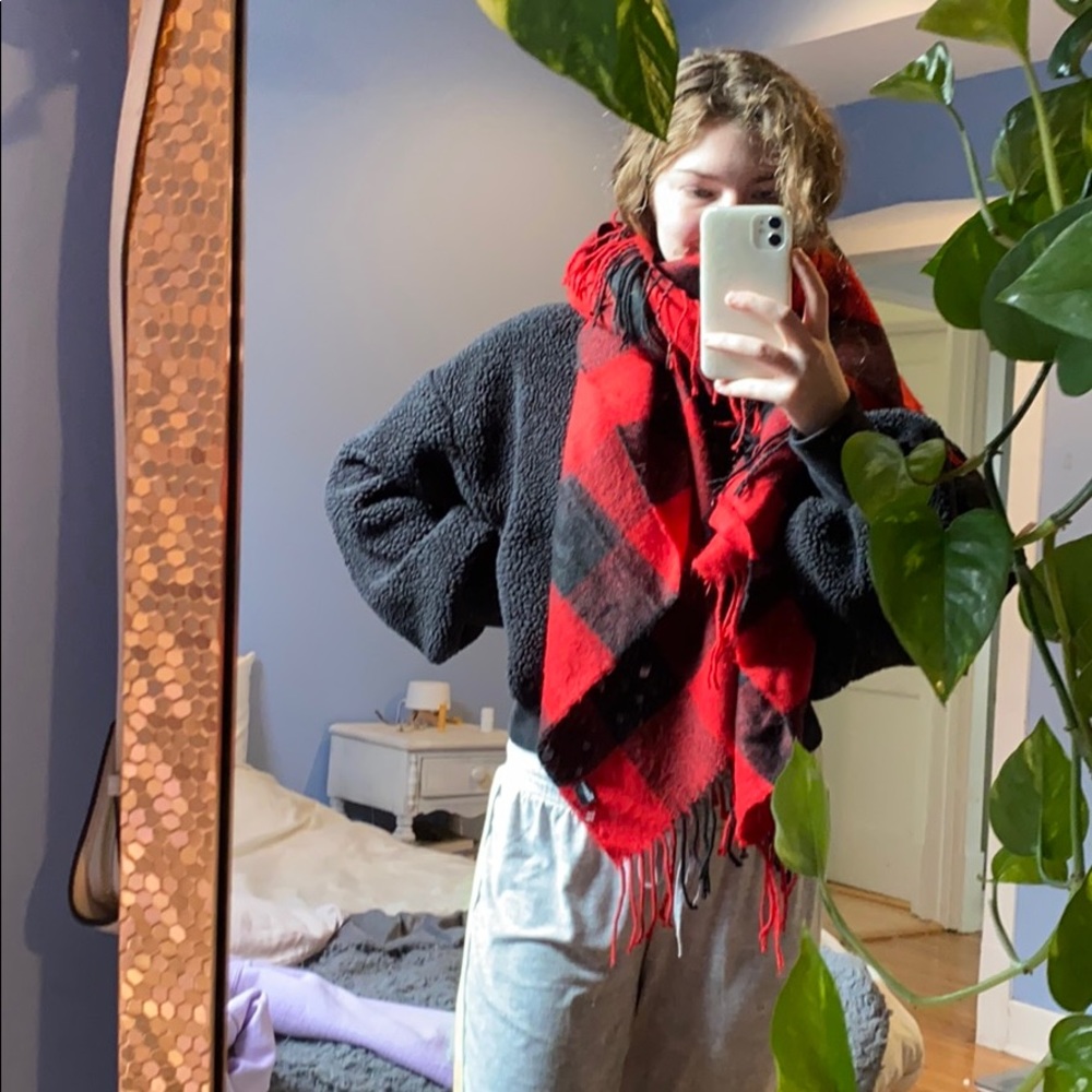 red and black checked poncho